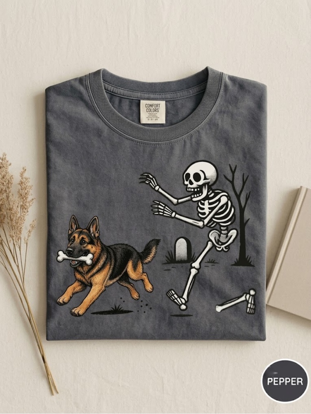 Comfort Colors Pepper Gray German Shepherd & Skeleton Graphic Dog T-Shirt